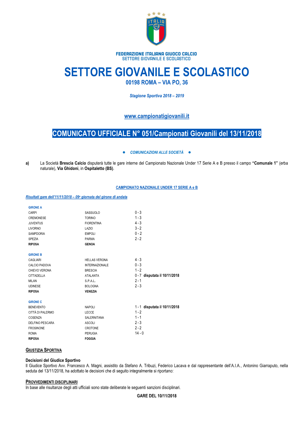 Settore Giovanile E Scolastico 00198 Roma – Via Po, 36