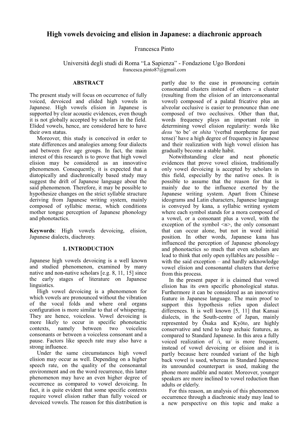 High Vowels Devoicing and Elision in Japanese: a Diachronic Approach