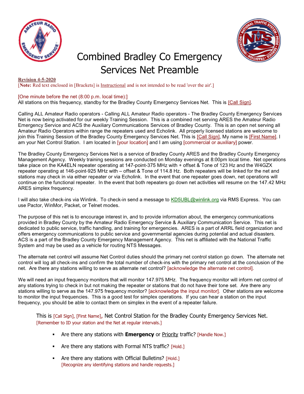 Combined Bradley Co Emergency Services Net Preamble