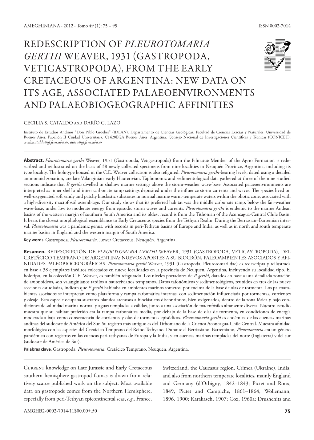 Redescription of Pleurotomaria Gerthi Weaver, 1931 (Gastropoda, Vetigastropoda), from the Early Cretaceous of Argentina: New