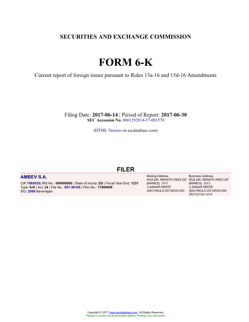 AMBEV S.A. Form 6-K Current Report Filed 2017-06-14