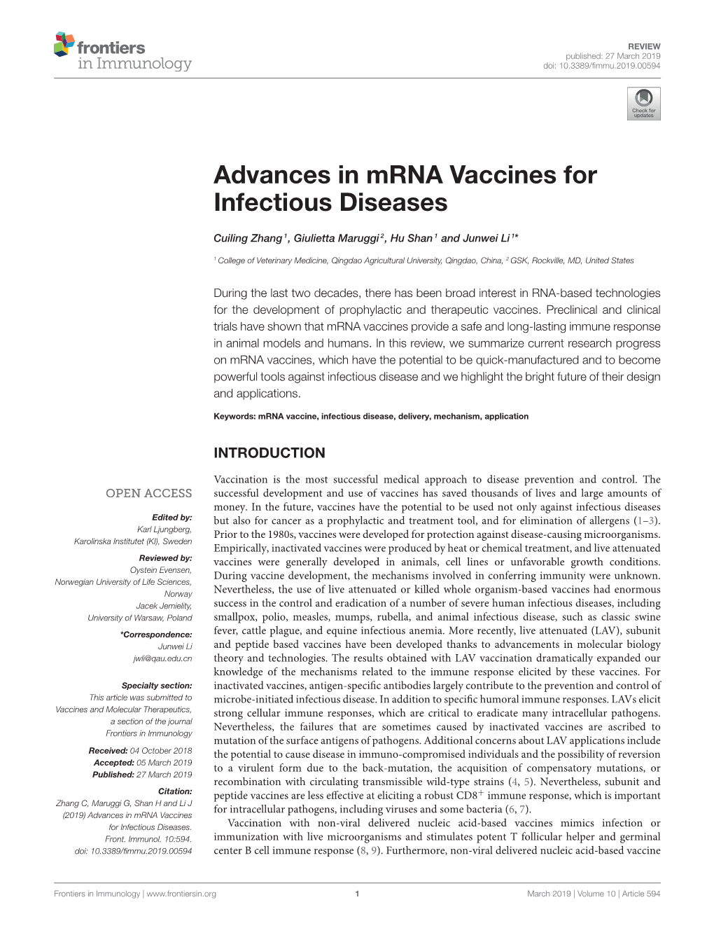 Advances in Mrna Vaccines for Infectious Diseases