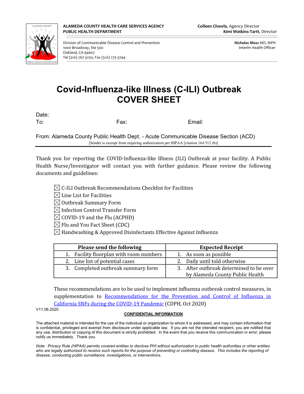 Covid-Influenza-Like Illness (C-ILI) Outbreak COVER SHEET
