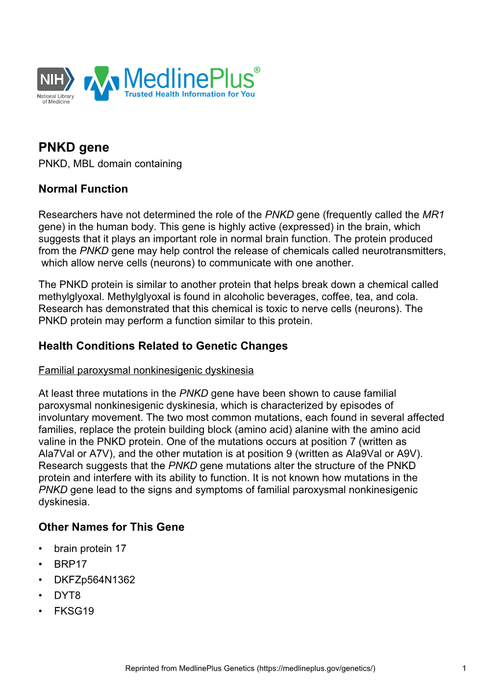 PNKD Gene PNKD, MBL Domain Containing