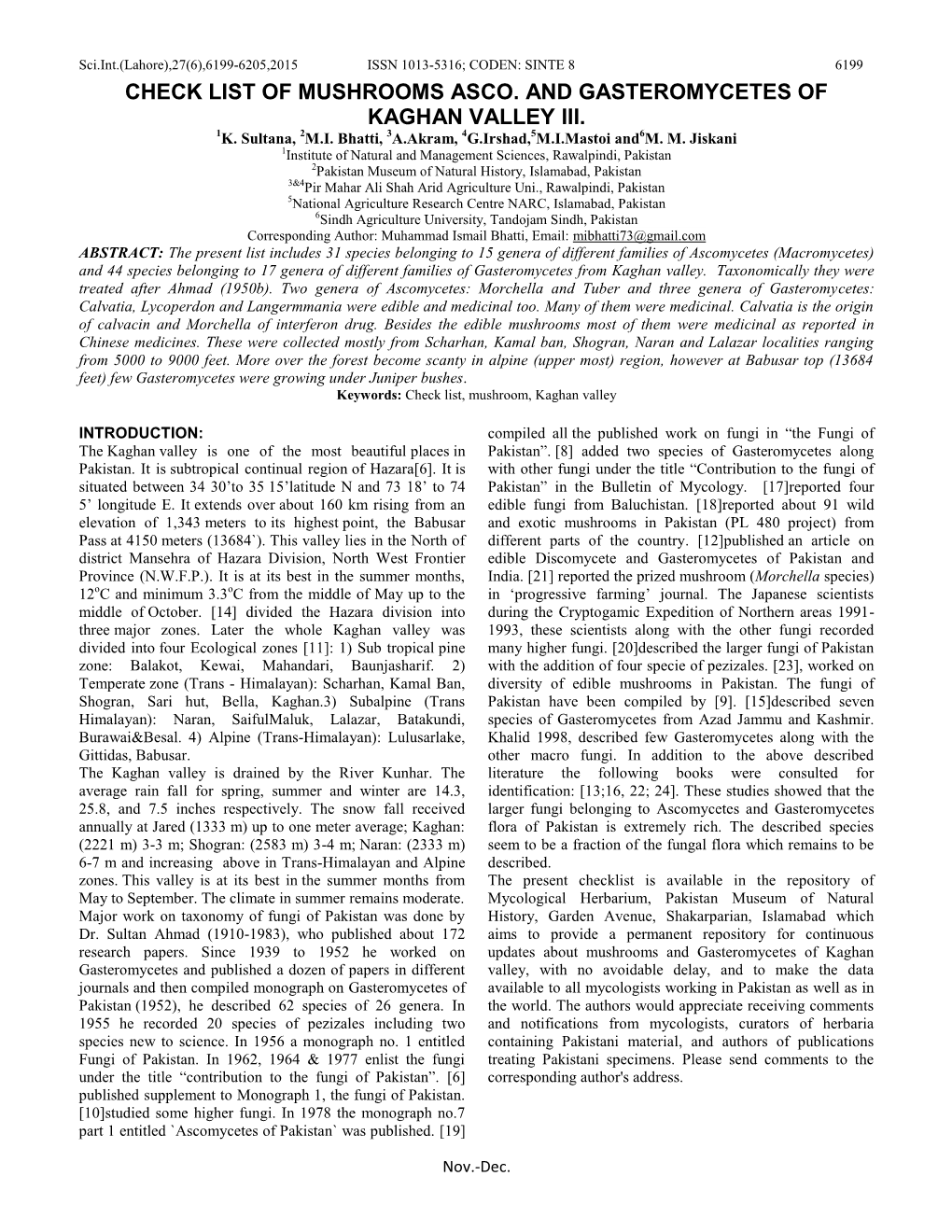 Check List of Mushrooms Asco. and Gasteromycetes of Kaghan Valley Iii