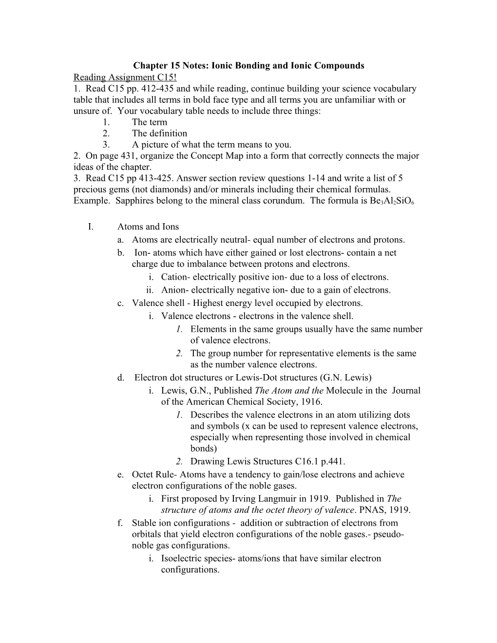 Chapter 15 Notes: Ionic Bonding and Ionic Compounds