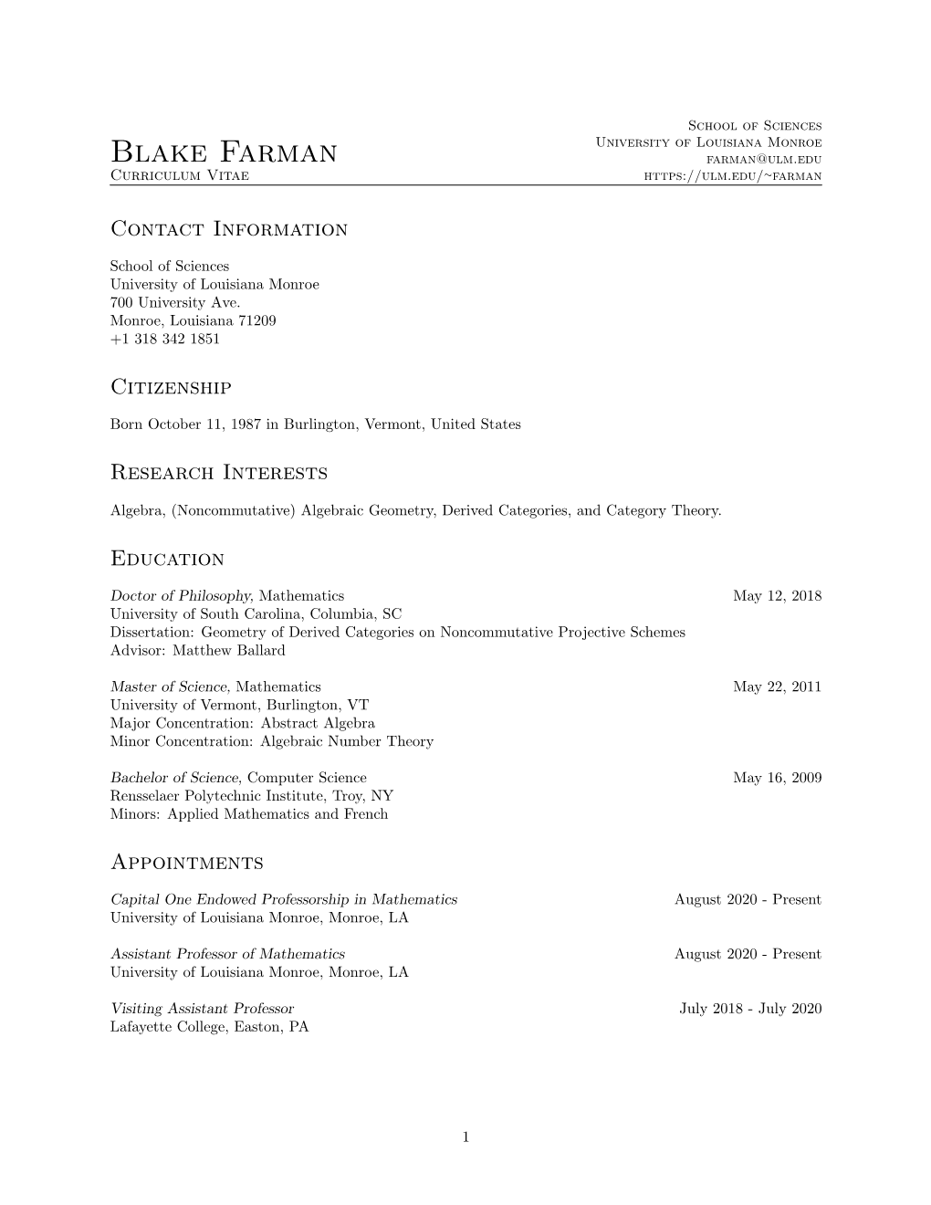 Blake Farman Farman@Ulm.Edu Curriculum Vitae