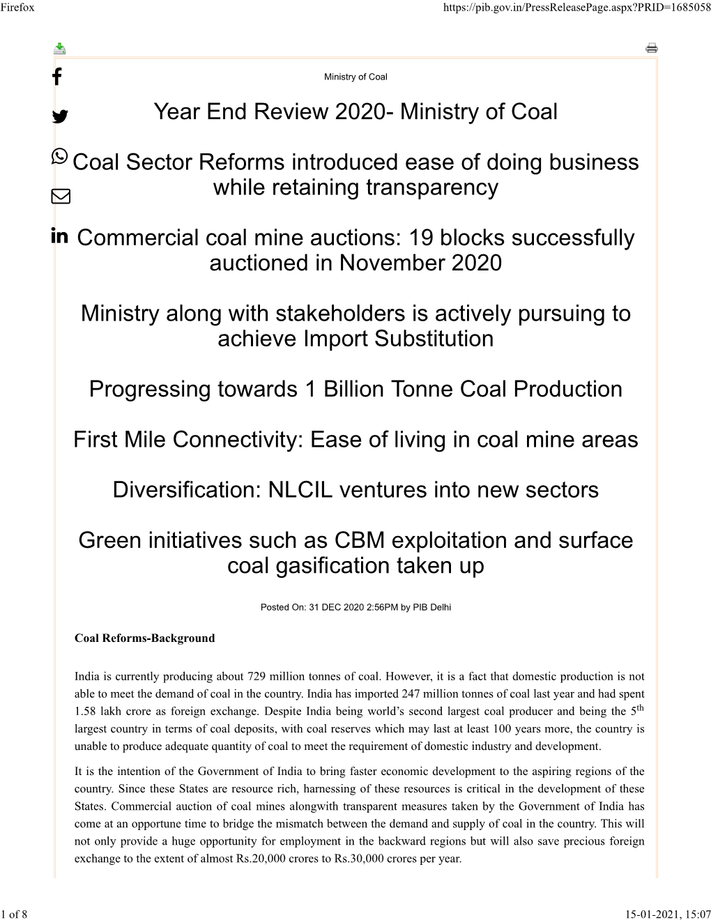 Year End Review 2020- Ministry of Coal Coal Sector Reforms