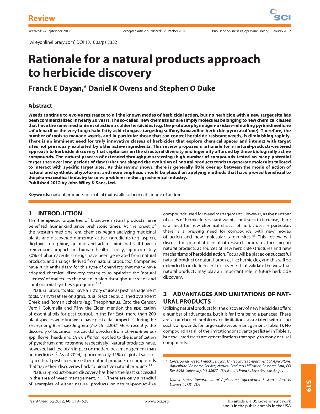 Rationale for a Natural Products Approach to Herbicide Discovery