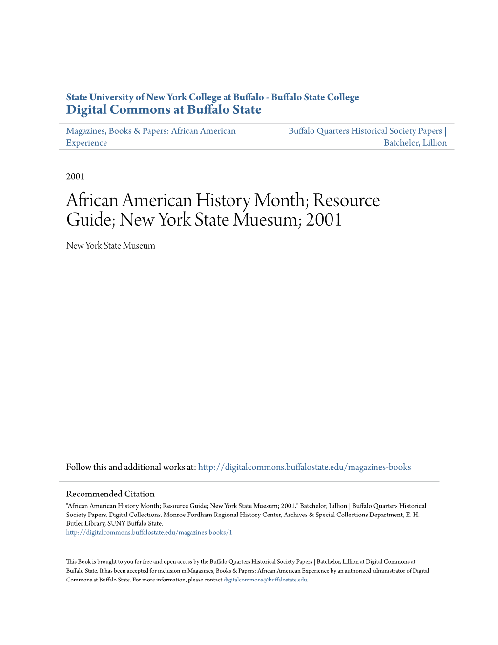 African American History Month; Resource Guide; New York State Muesum; 2001 New York State Museum