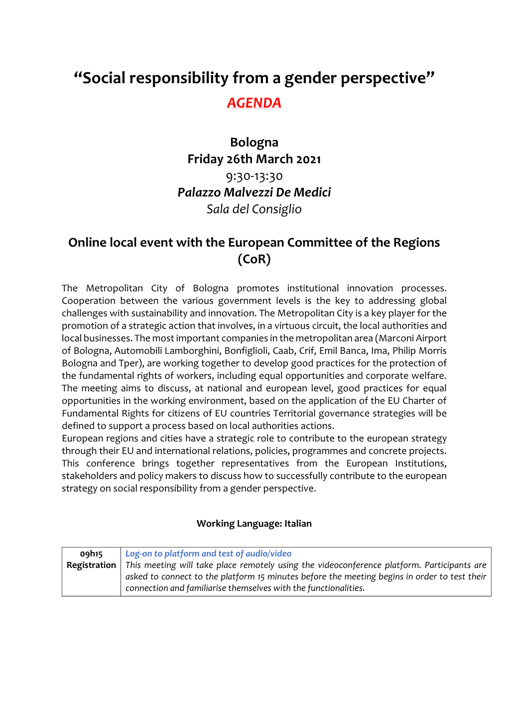 “Social Responsibility from a Gender Perspective” AGENDA Bologna Friday 26Th March 2021