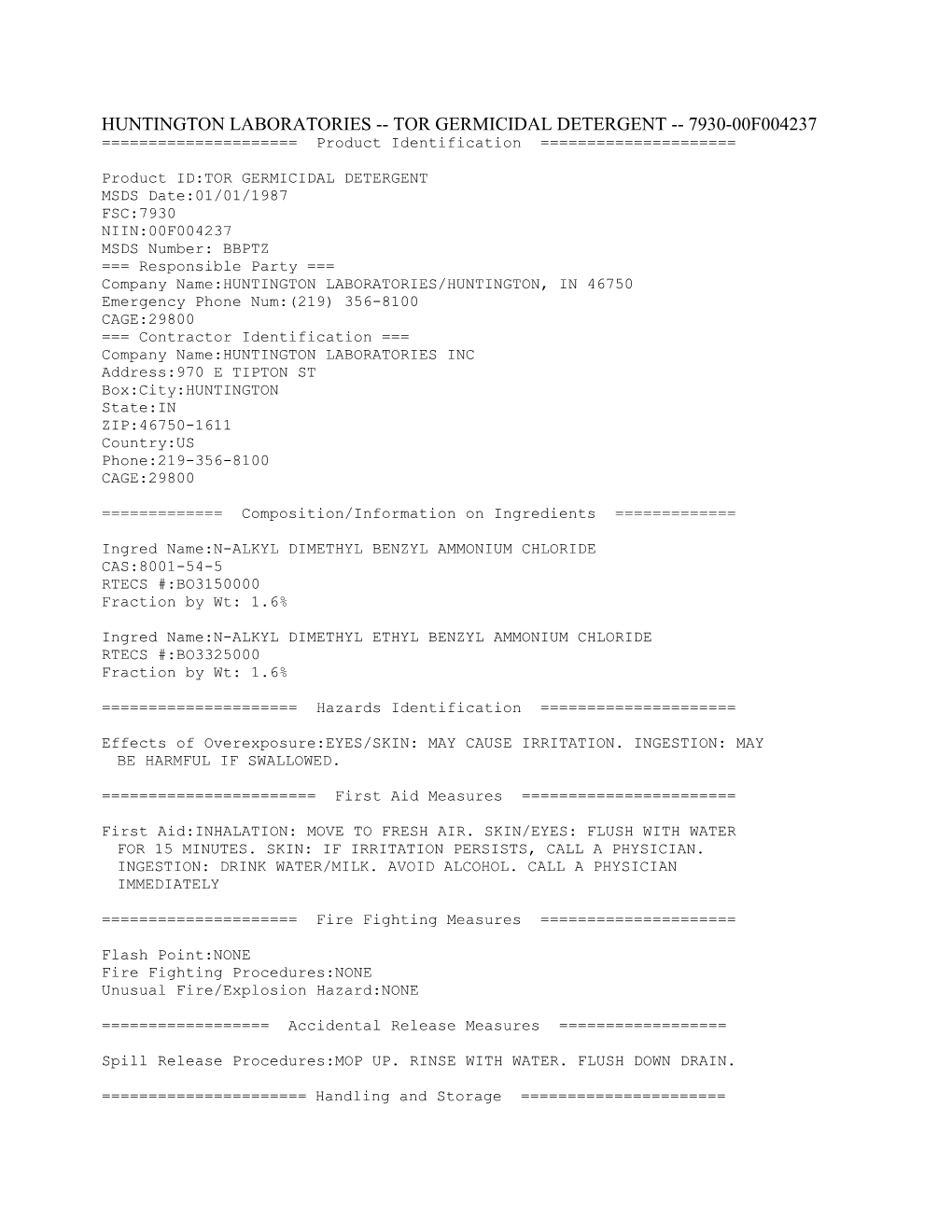 Huntington Laboratories -- Tor Germicidal Detergent -- 7930-00F004237