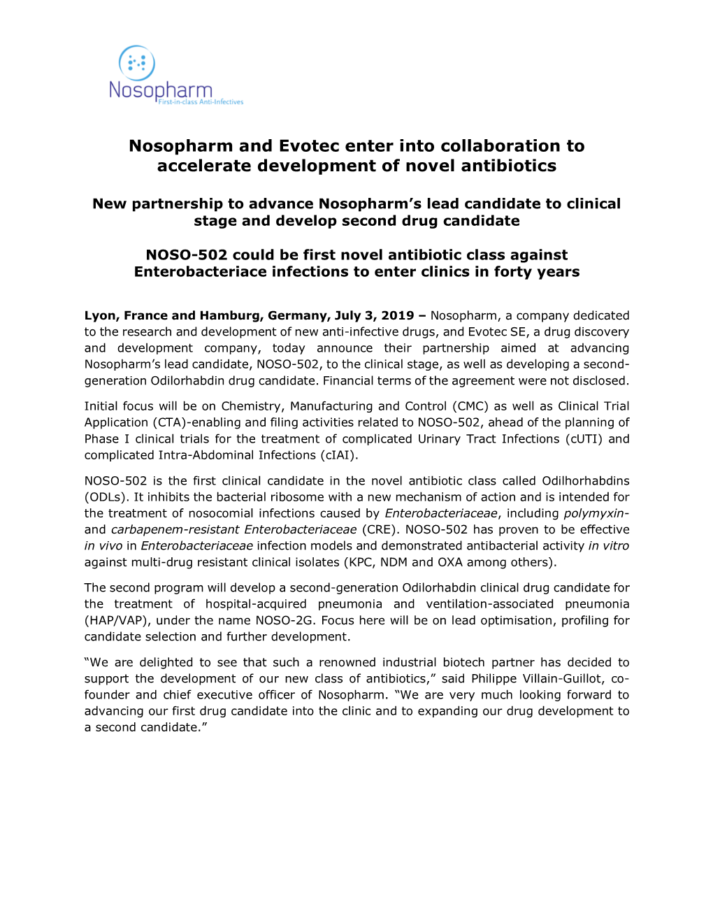 Nosopharm and Evotec Enter Into Collaboration to Accelerate Development of Novel Antibiotics