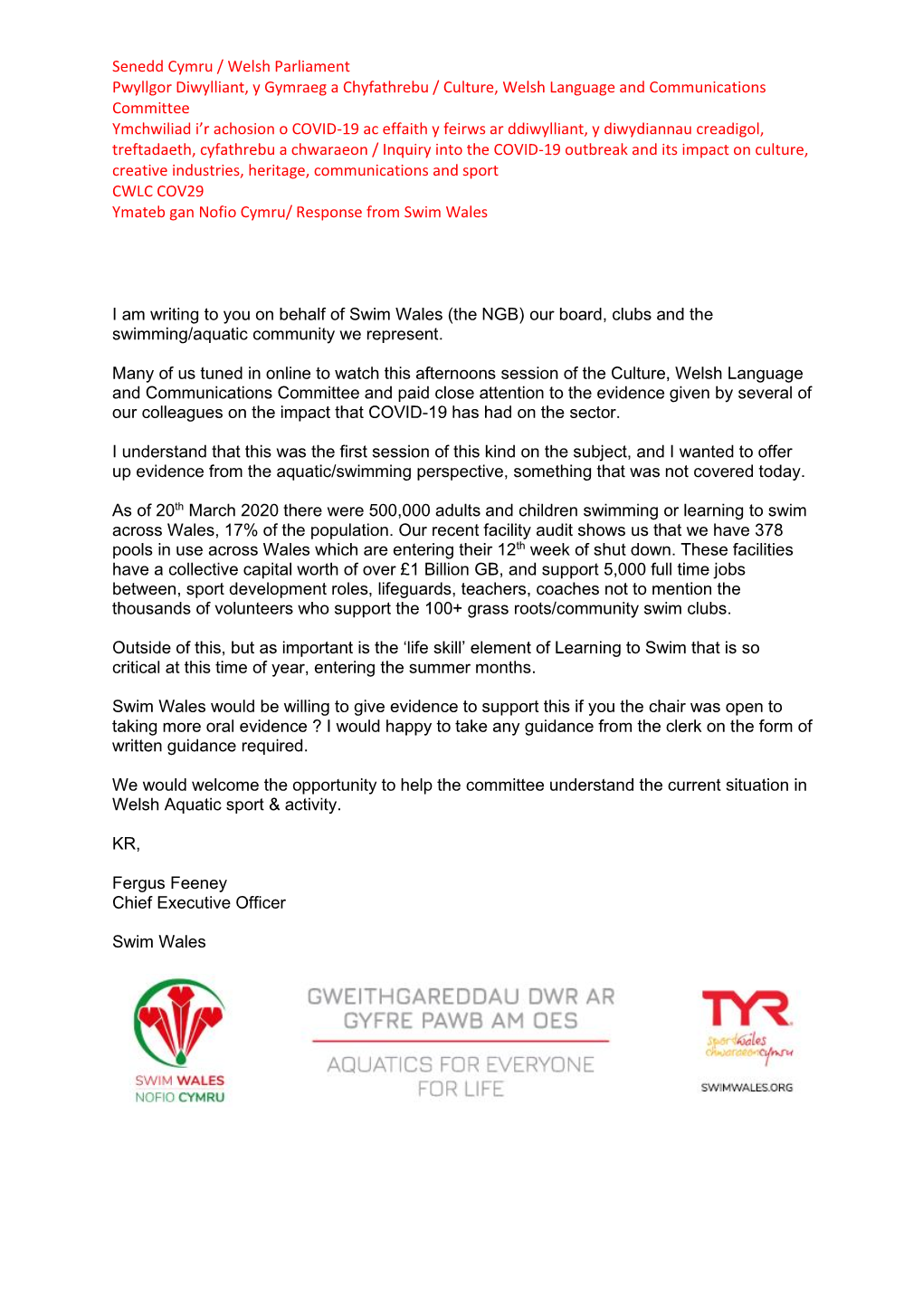COV29 Ymateb Gan Nofio Cymru/ Response from Swim Wales