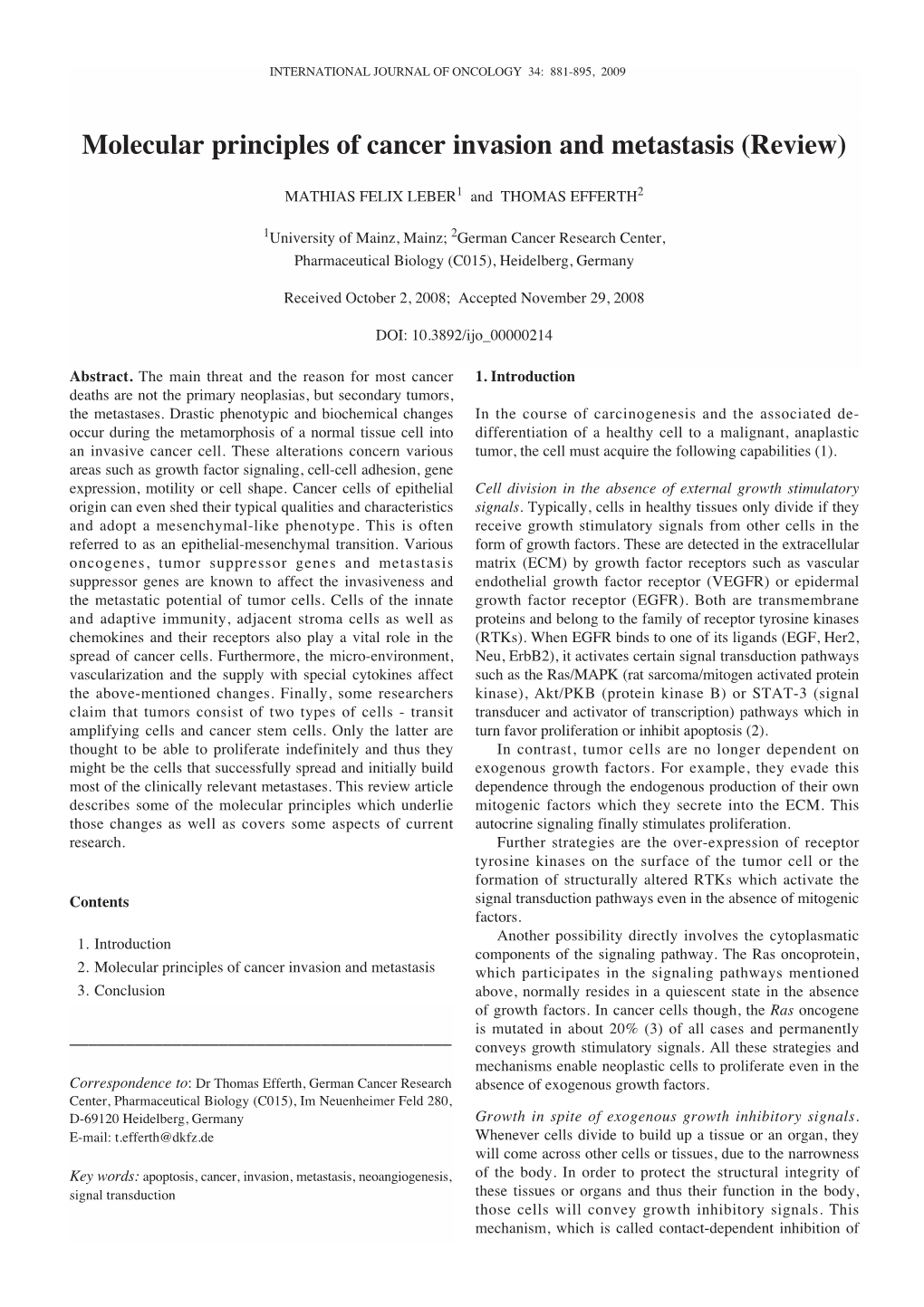 Molecular Principles of Cancer Invasion and Metastasis (Review)