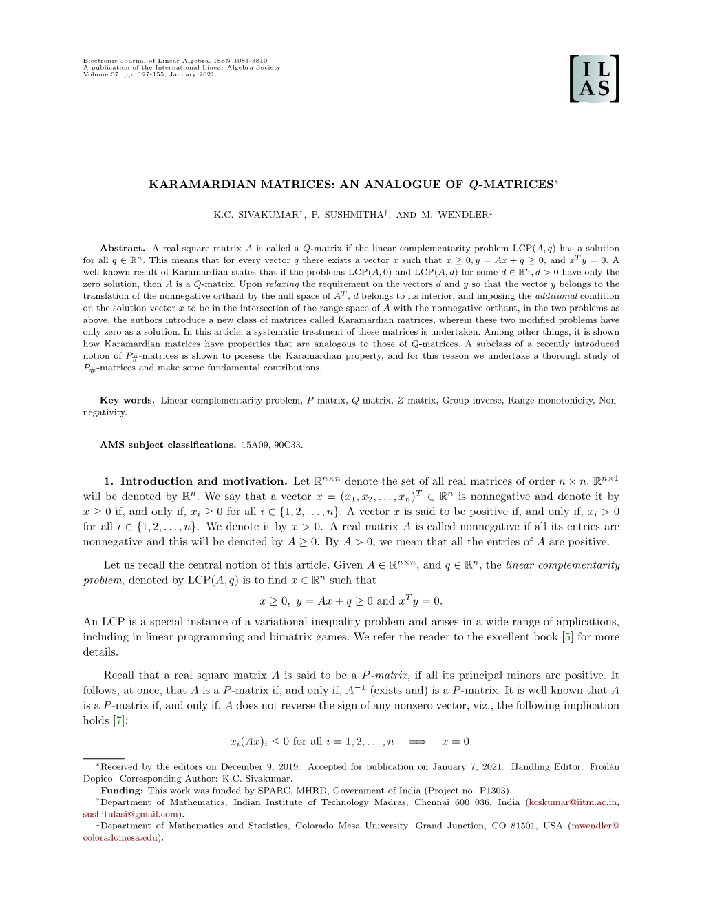Karamardian Matrices: an Analogue of Q-Matrices∗