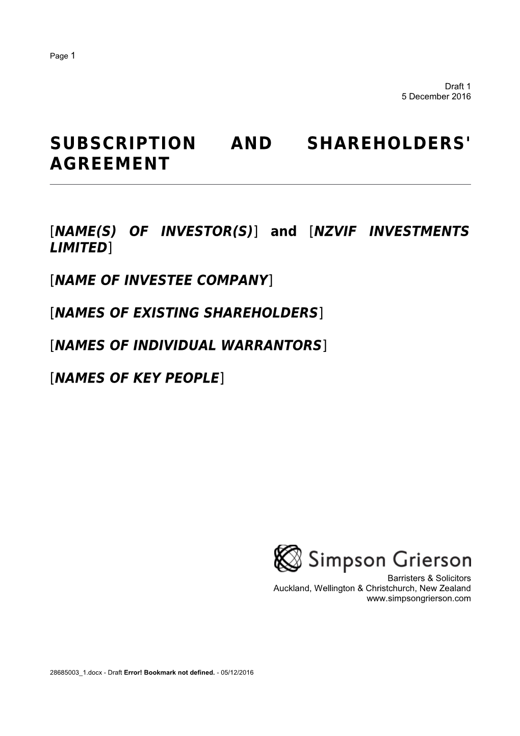 Subscription And Shareholders' Agreement