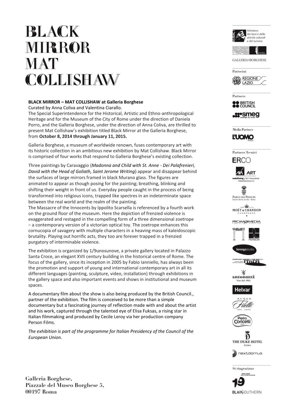 MAT COLLISHAW at Galleria Borghese Curated by Anna Coliva and Valentina Ciarallo