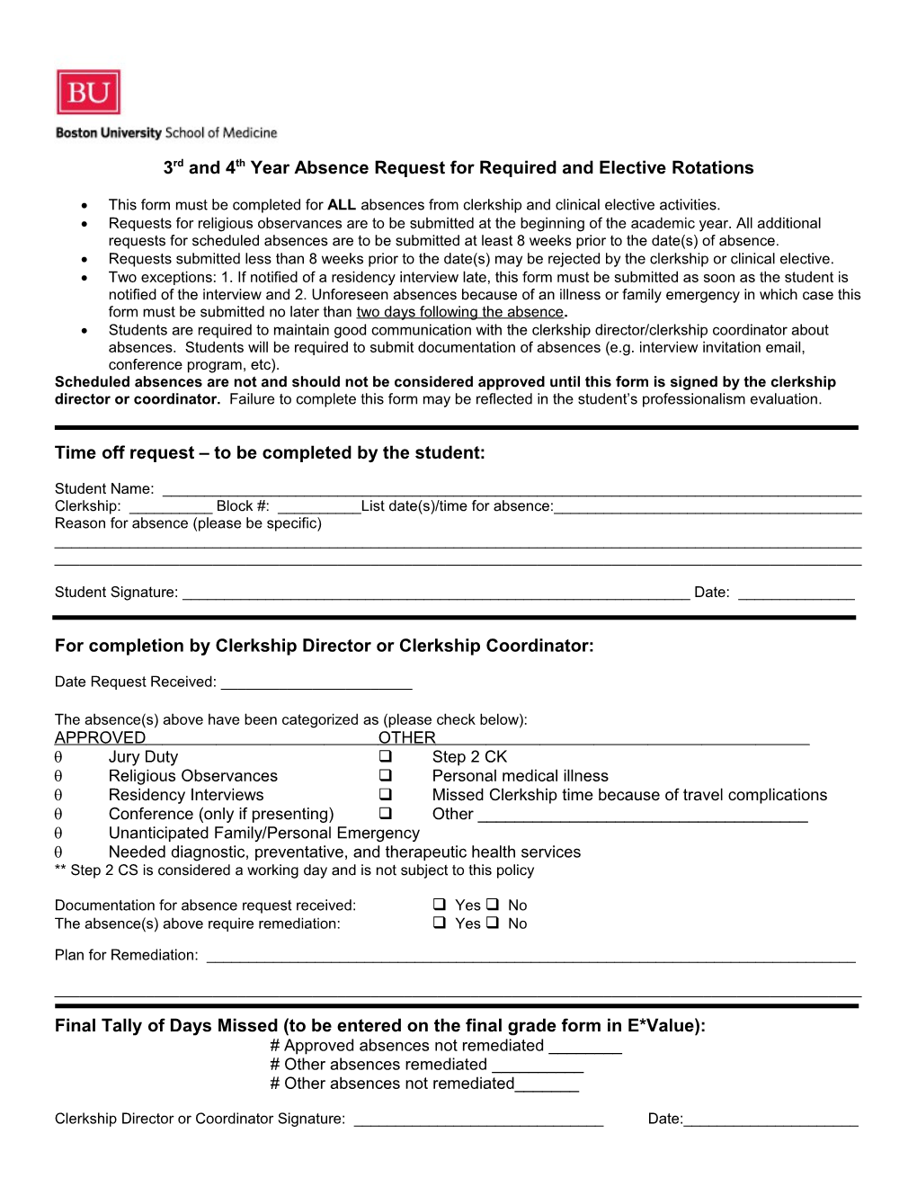 Policy for Medical Student Time Off During Clinical Rotations of the 3Rd and 4Th Years