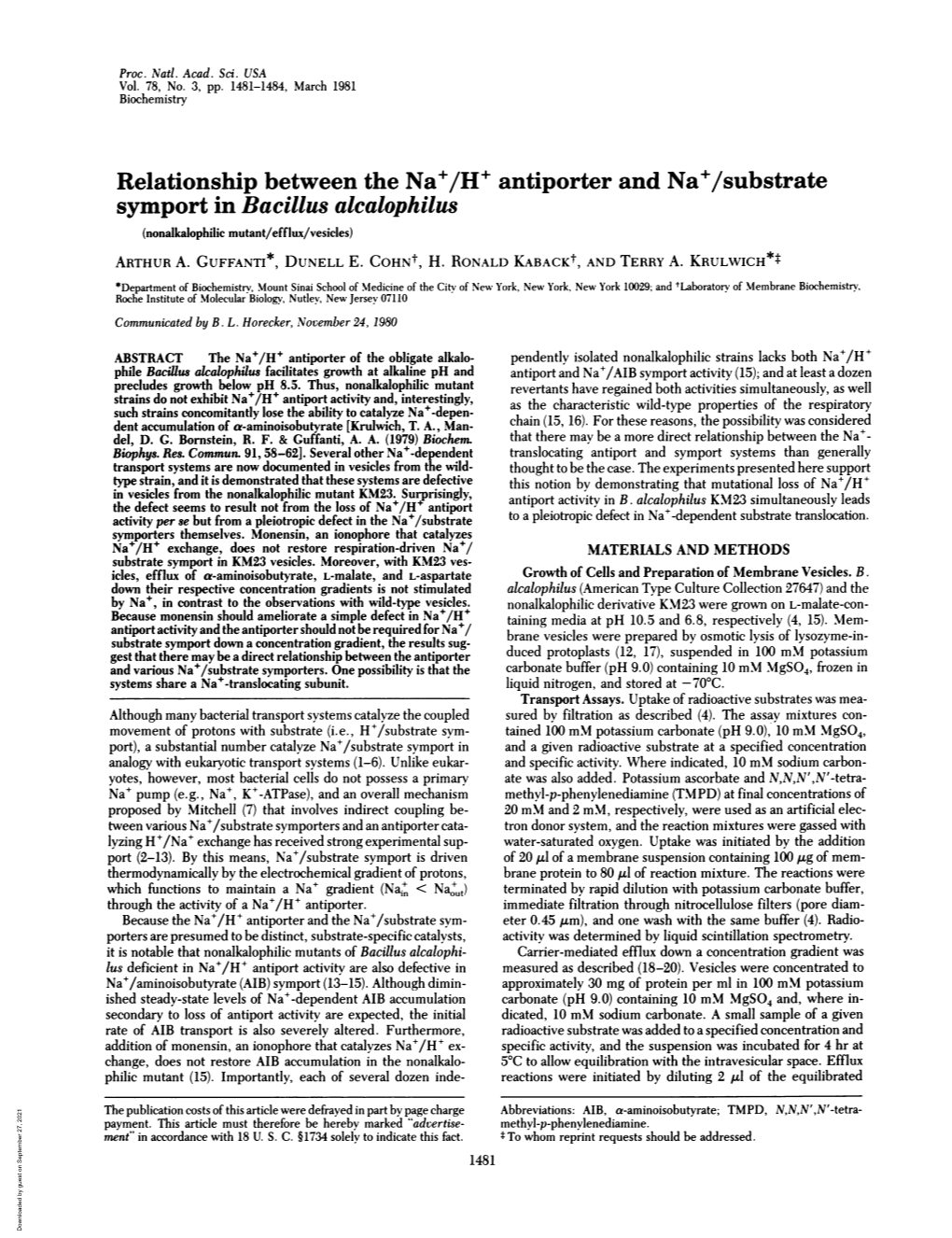 Relationship Between the Na+/H' Antiporter and Na+/Substrate Symport in Bacillus Alcalophilus (Nonalkalophilic Mutant/Efflux/Vesicles) ARTHUR A