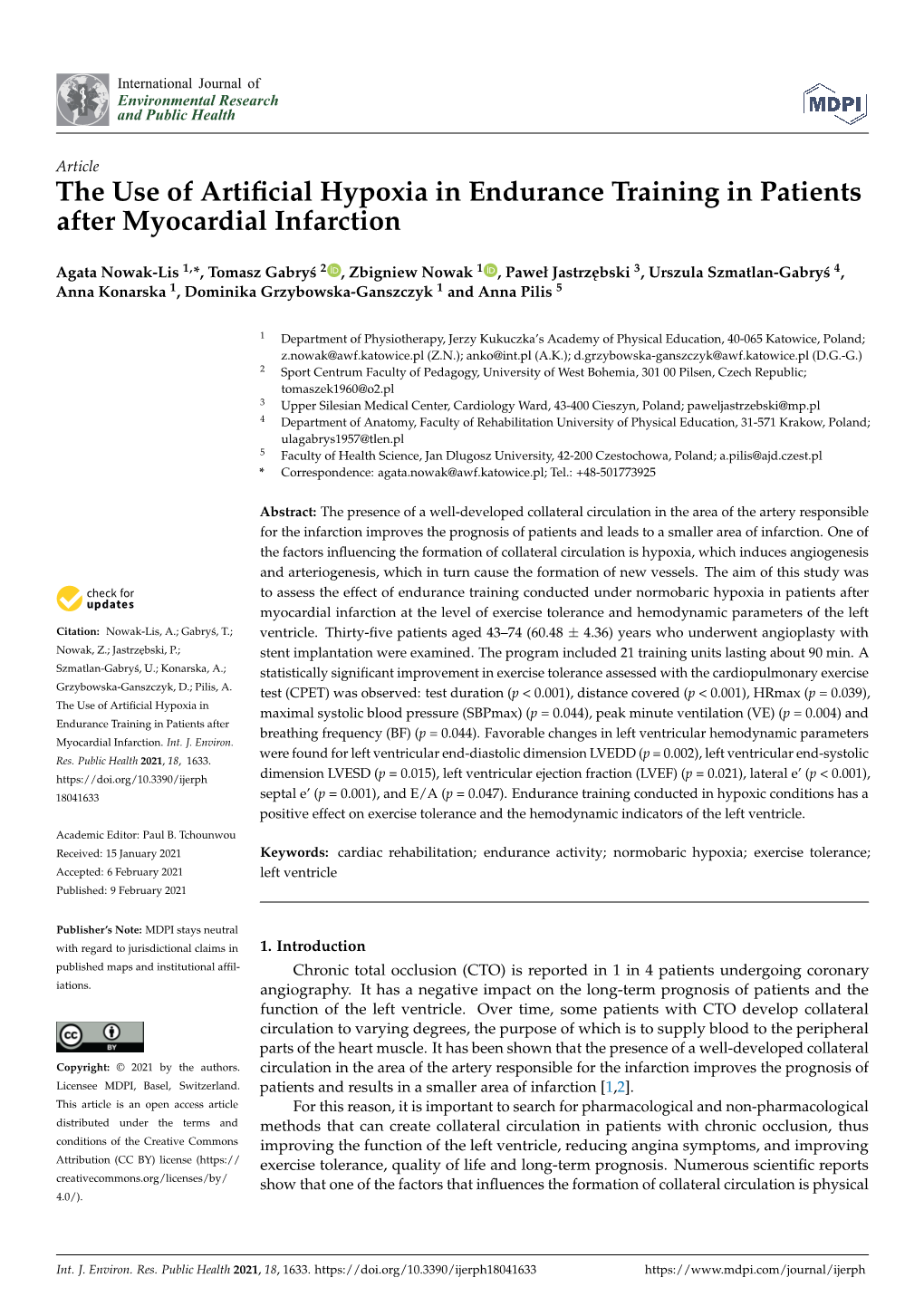 The Use of Artificial Hypoxia in Endurance Training in Patients After Myocardial Infarction