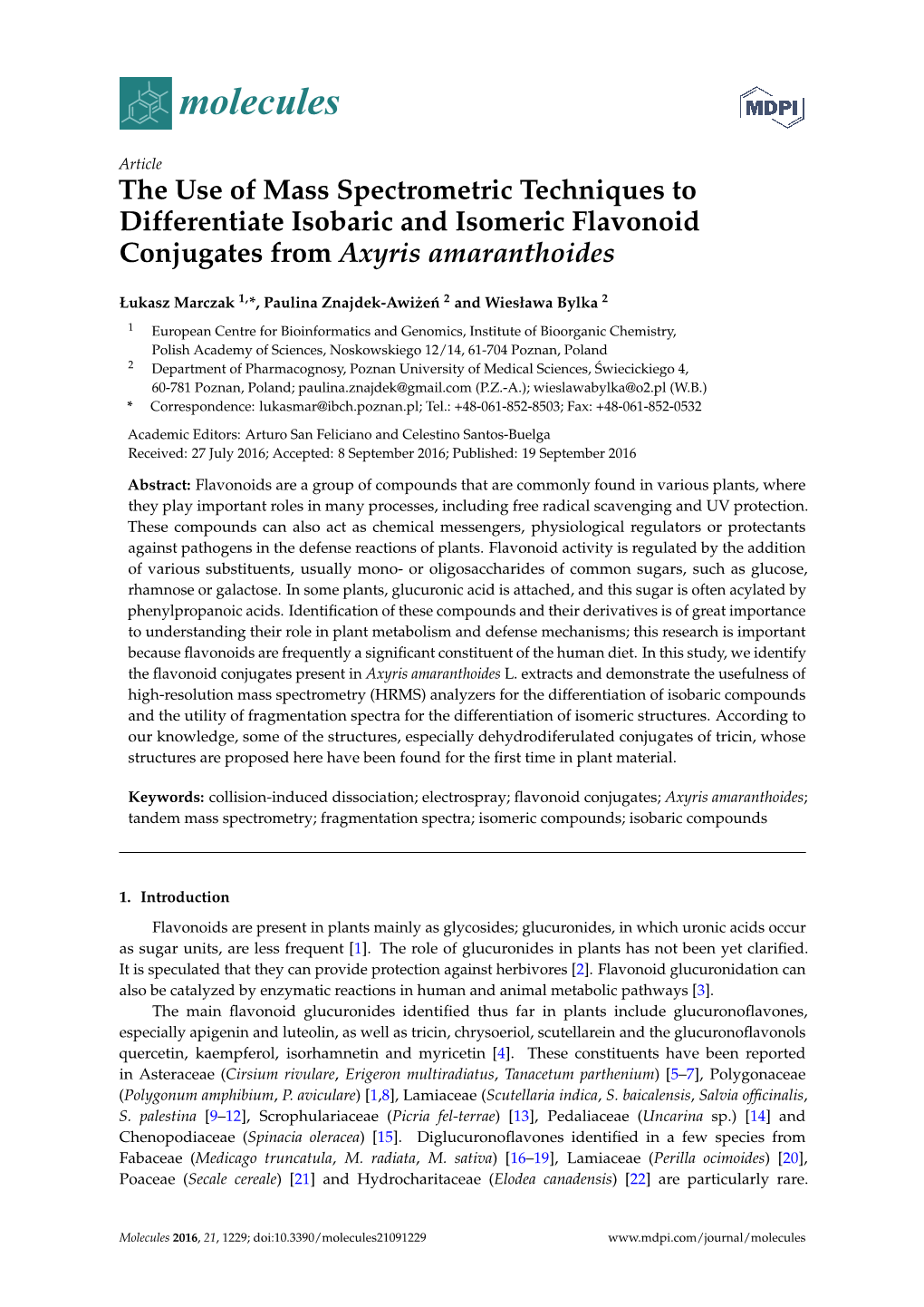 The Use of Mass Spectrometric Techniques to Differentiate Isobaric and Isomeric Flavonoid Conjugates from Axyris Amaranthoides