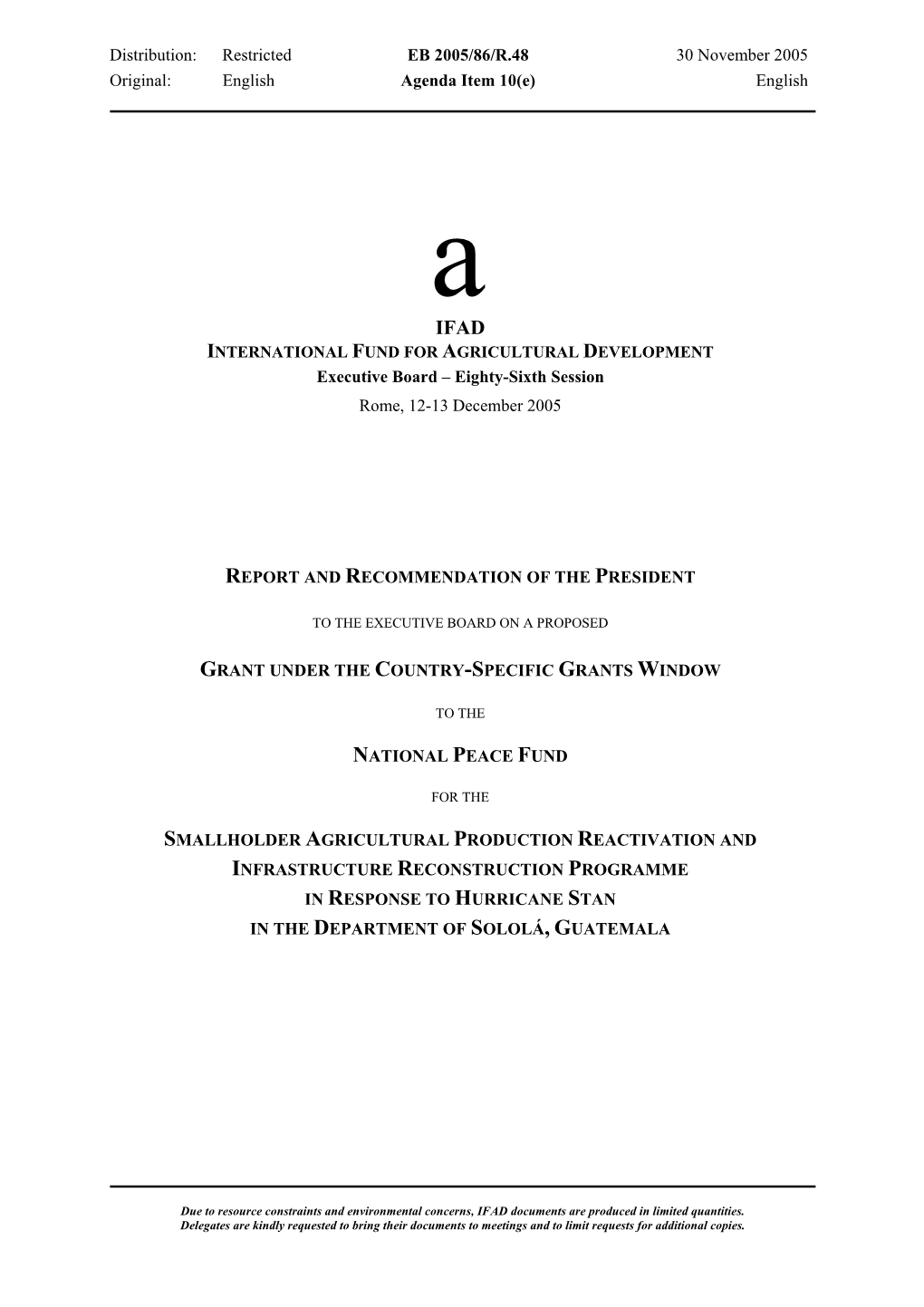 EB 2005/86/R.48 30 November 2005 Original: English Agenda Item 10(E) English