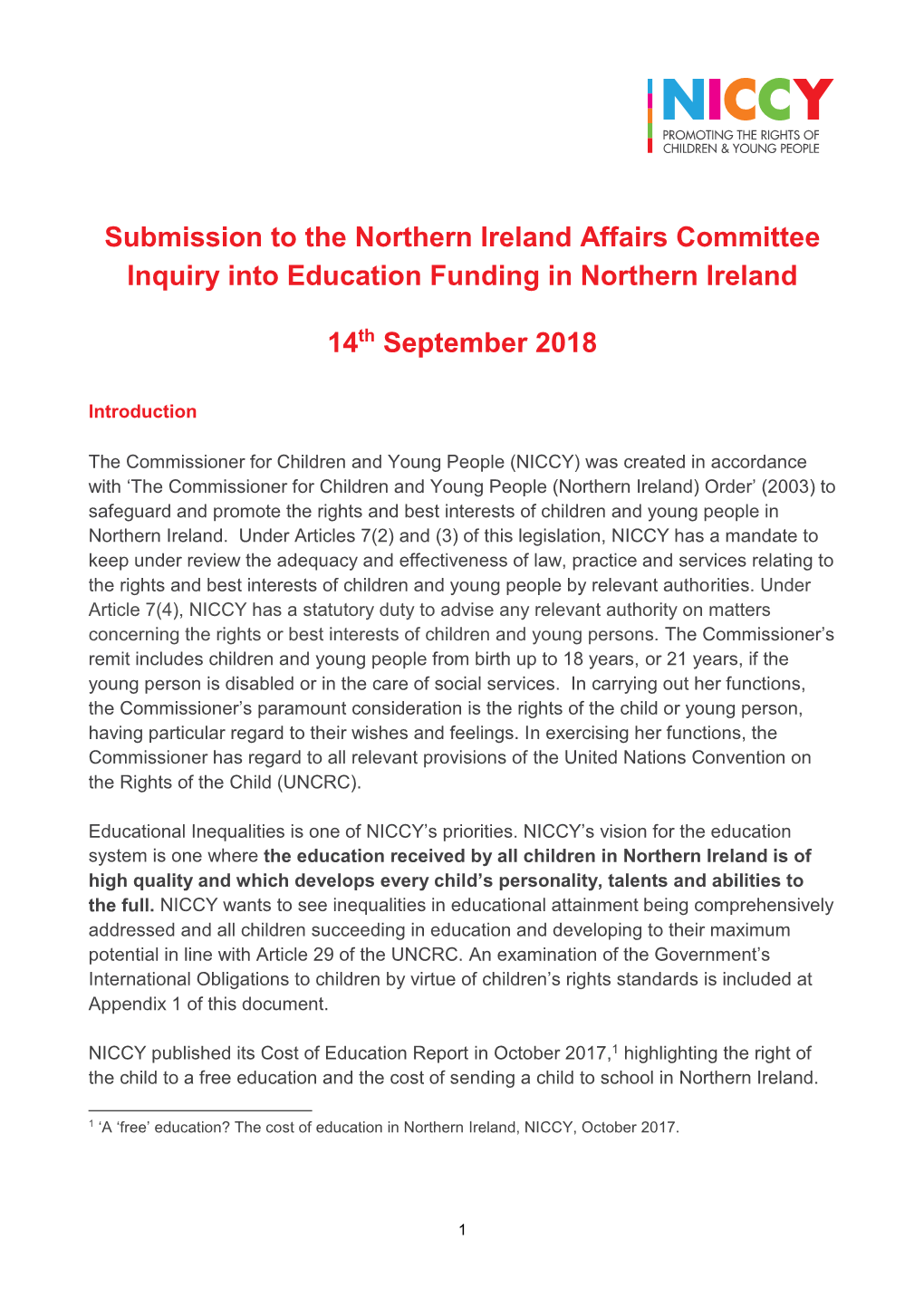 Submission to the Northern Ireland Affairs Committee Inquiry Into Education Funding in Northern Ireland