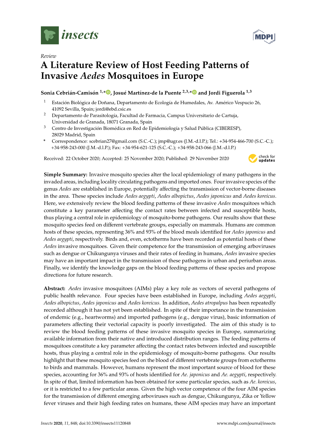 A Literature Review of Host Feeding Patterns of Invasive Aedes Mosquitoes in Europe