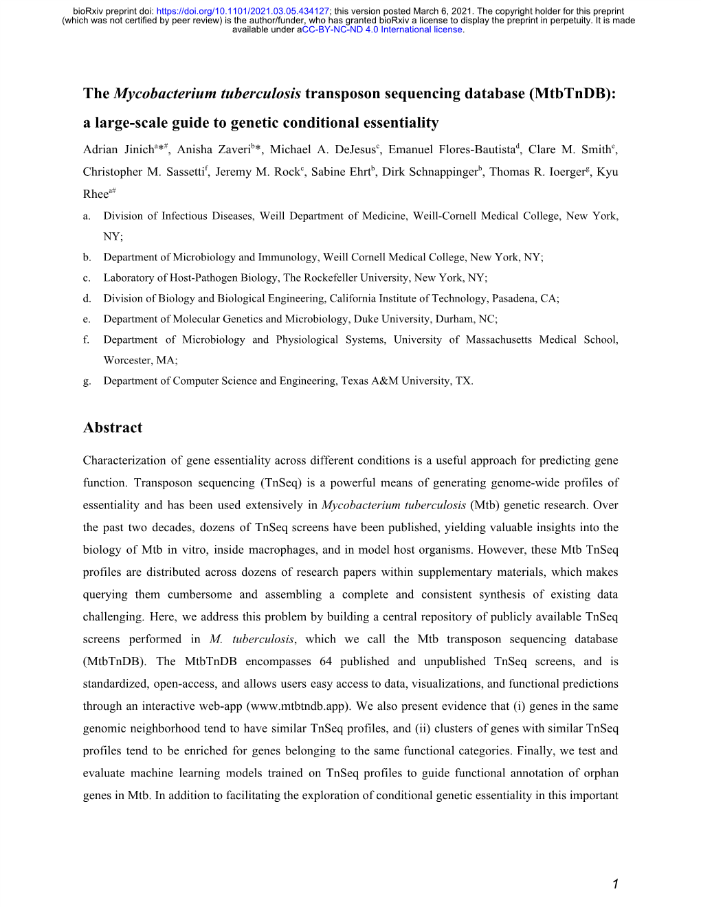 The Mycobacterium Tuberculosis Transposon Sequencing Database (Mtbtndb): ​ ​ a Large-Scale Guide to Genetic Conditional Essentiality