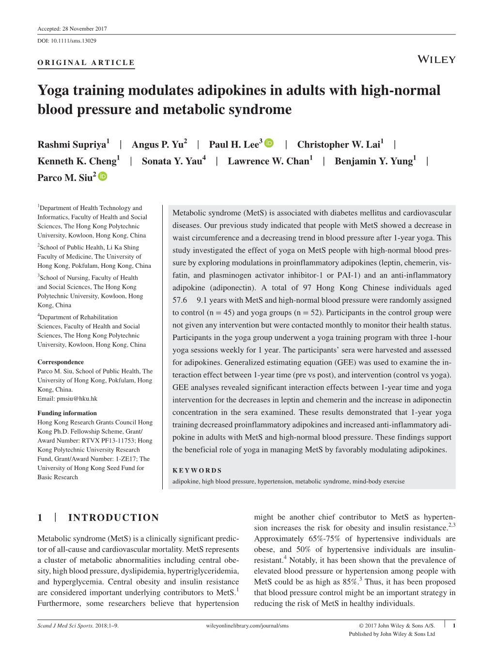 Yoga Training Modulates Adipokines in Adults with High- Normal Blood