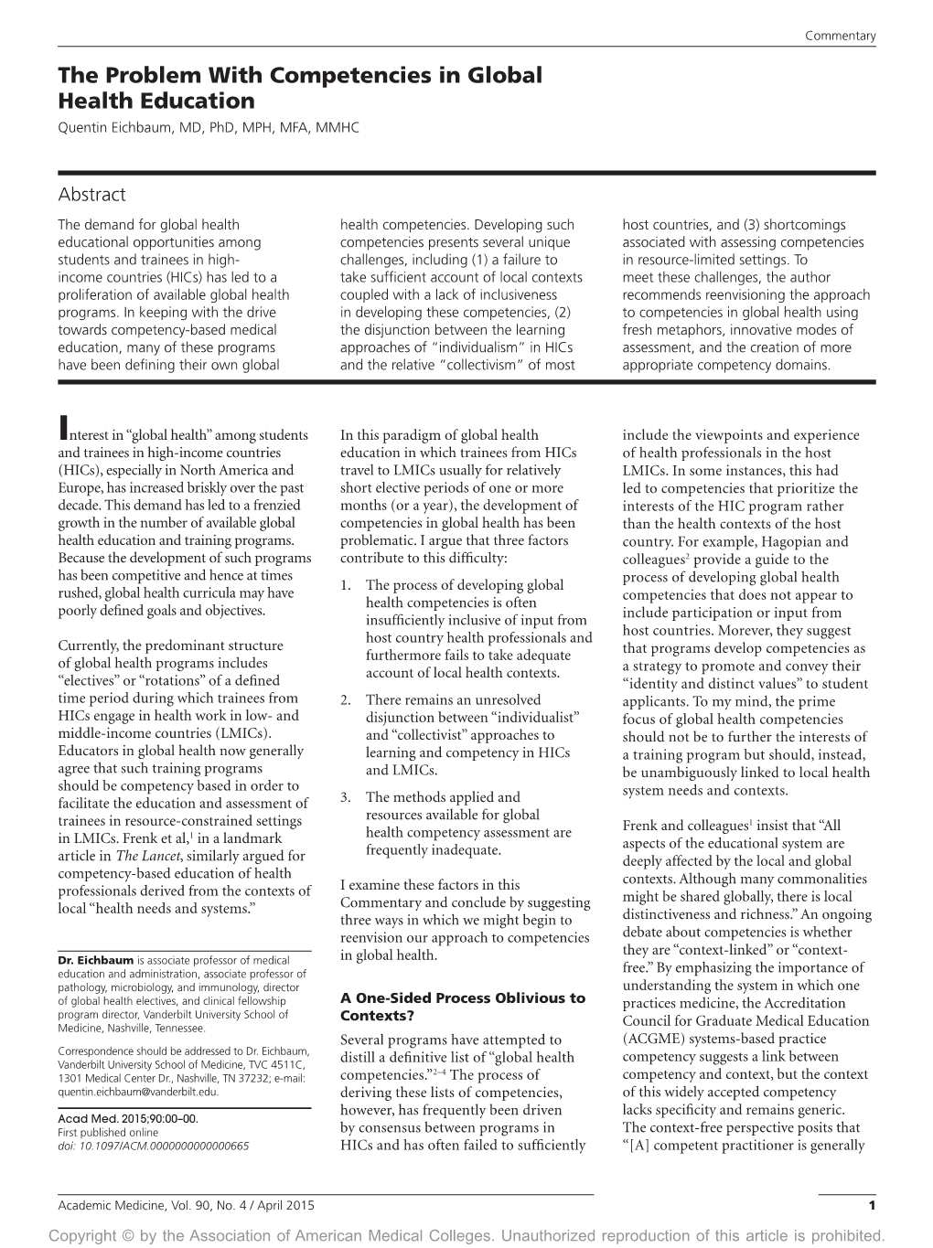 The Problem with Competencies in Global Health Education Quentin Eichbaum, MD, Phd, MPH, MFA, MMHC