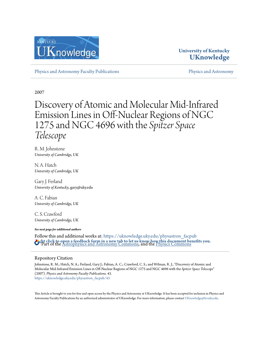 Discovery of Atomic and Molecular Mid-Infrared Emission Lines in Off-Nuclear Regions of NGC 1275 and NGC 4696 with the Spitzer Space Telescope R