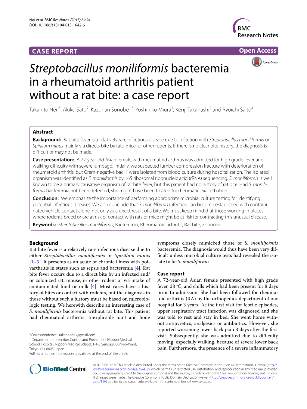 Streptobacillus Moniliformis Bacteremia in a Rheumatoid Arthritis