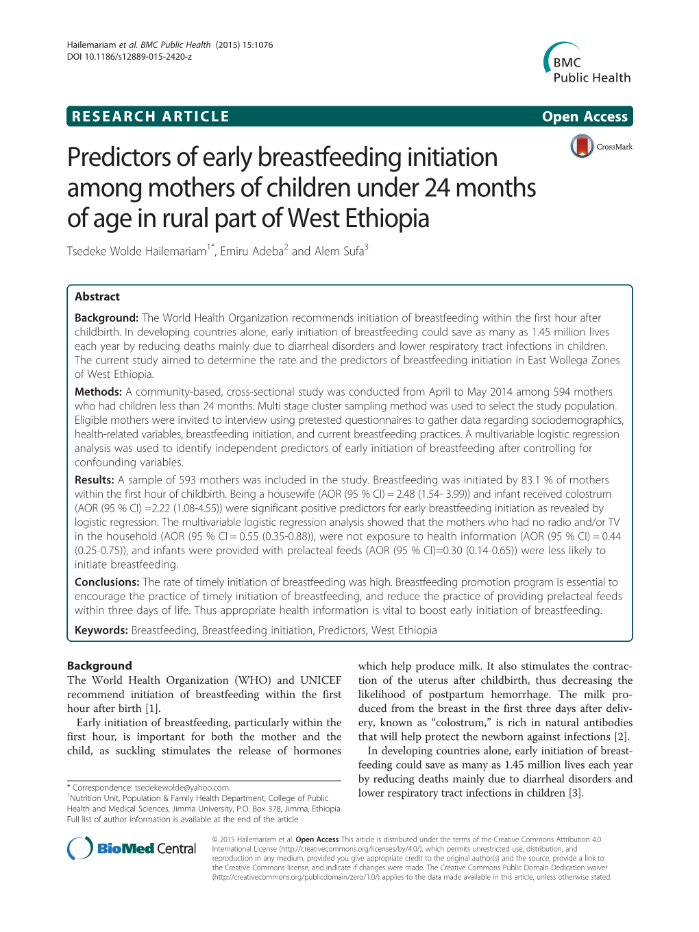 Predictors of Early Breastfeeding Initiation Among Mothers of Children
