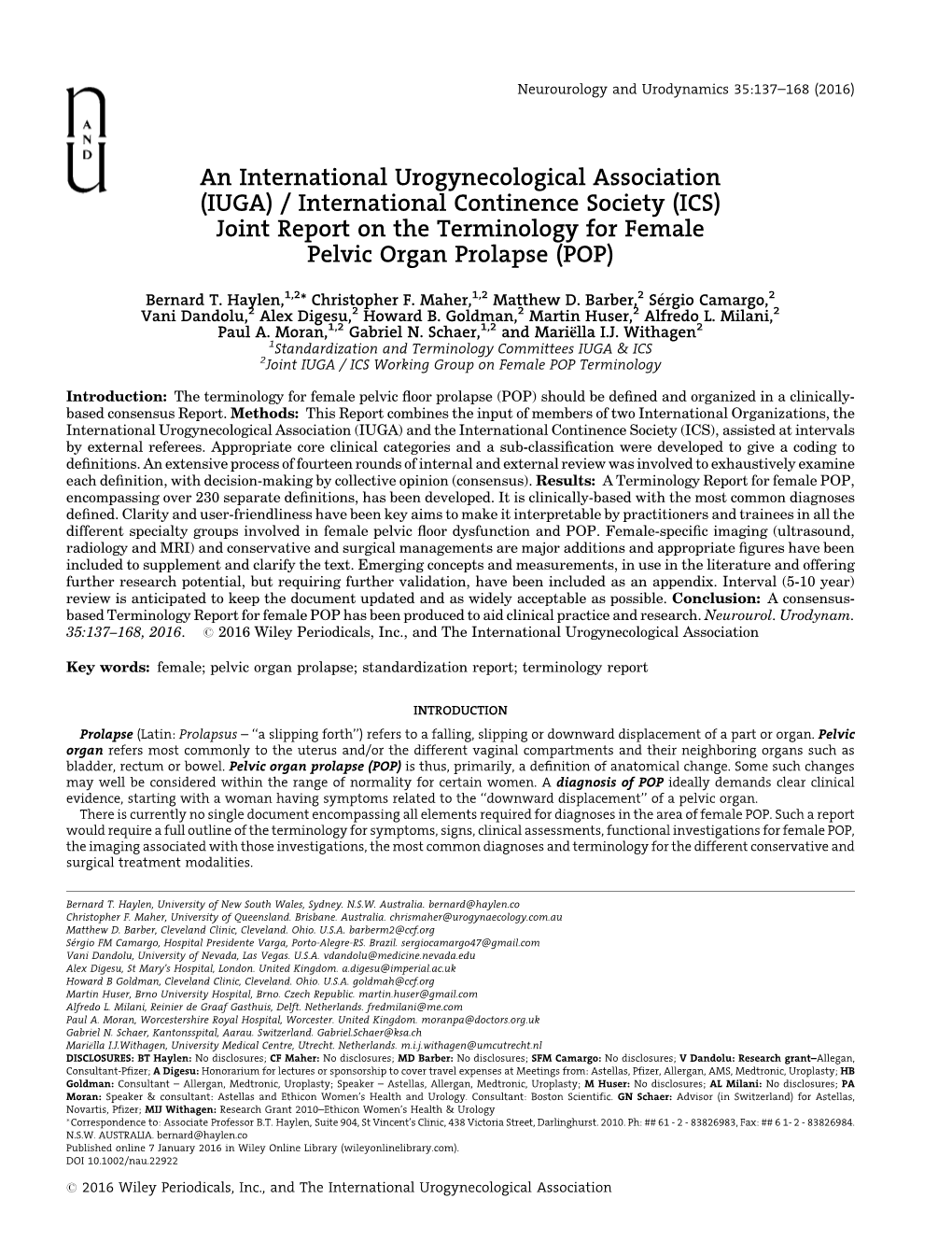 ICS) Joint Report on the Terminology for Female Pelvic Organ Prolapse (POP