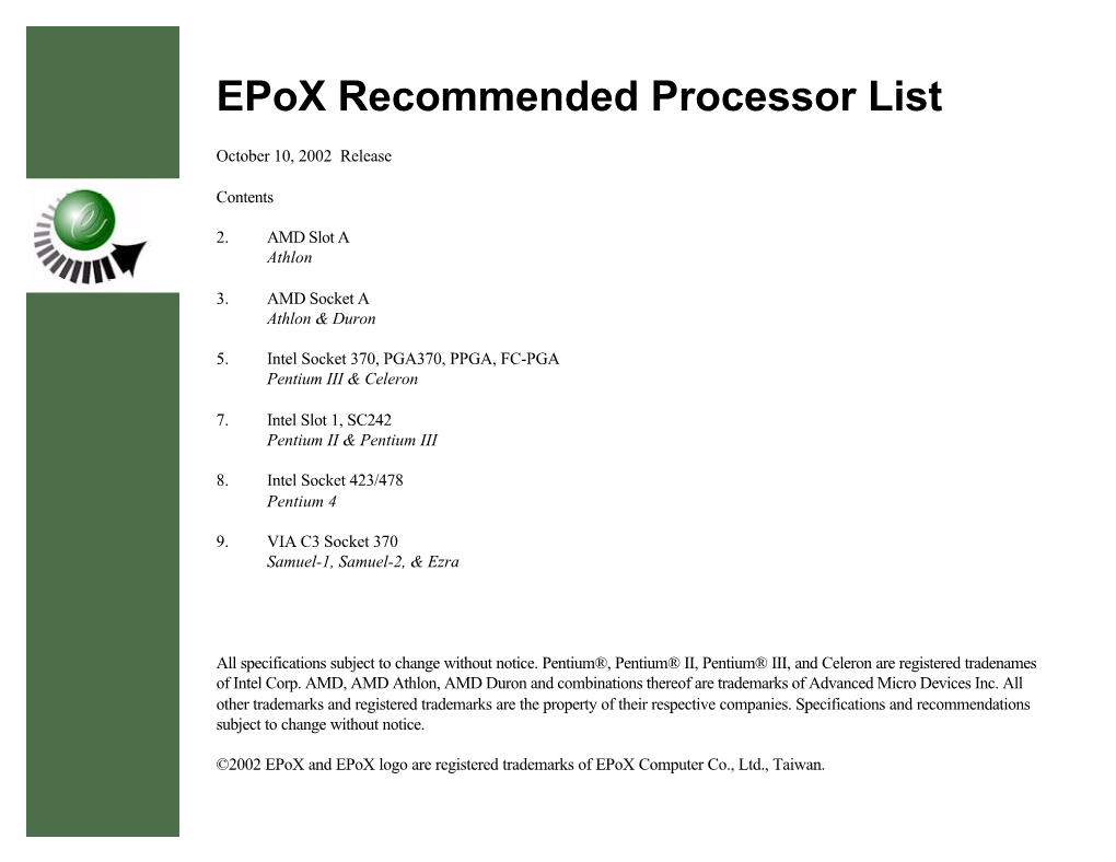 Epox Recommended Processor List