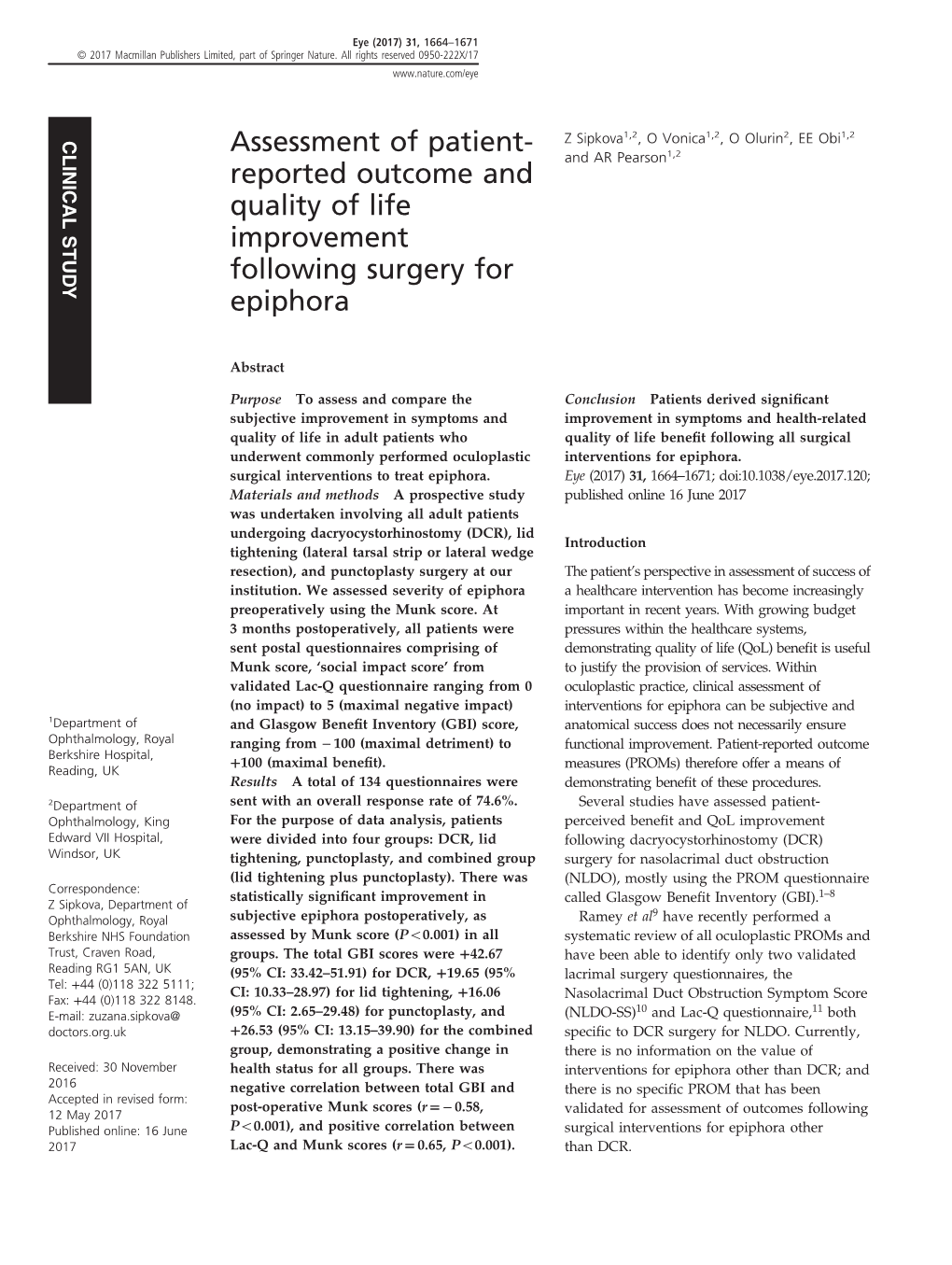 Assessment of Patient-Reported Outcome and Quality of Life Improvement Following Surgery for Epiphora