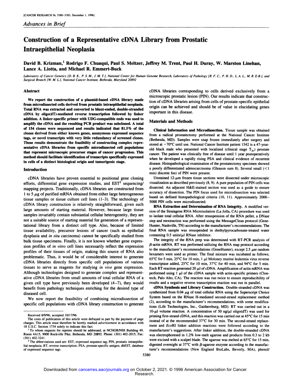 Construction of a Representative Cdna Library from Prostatic Intraepithelial Neoplasia