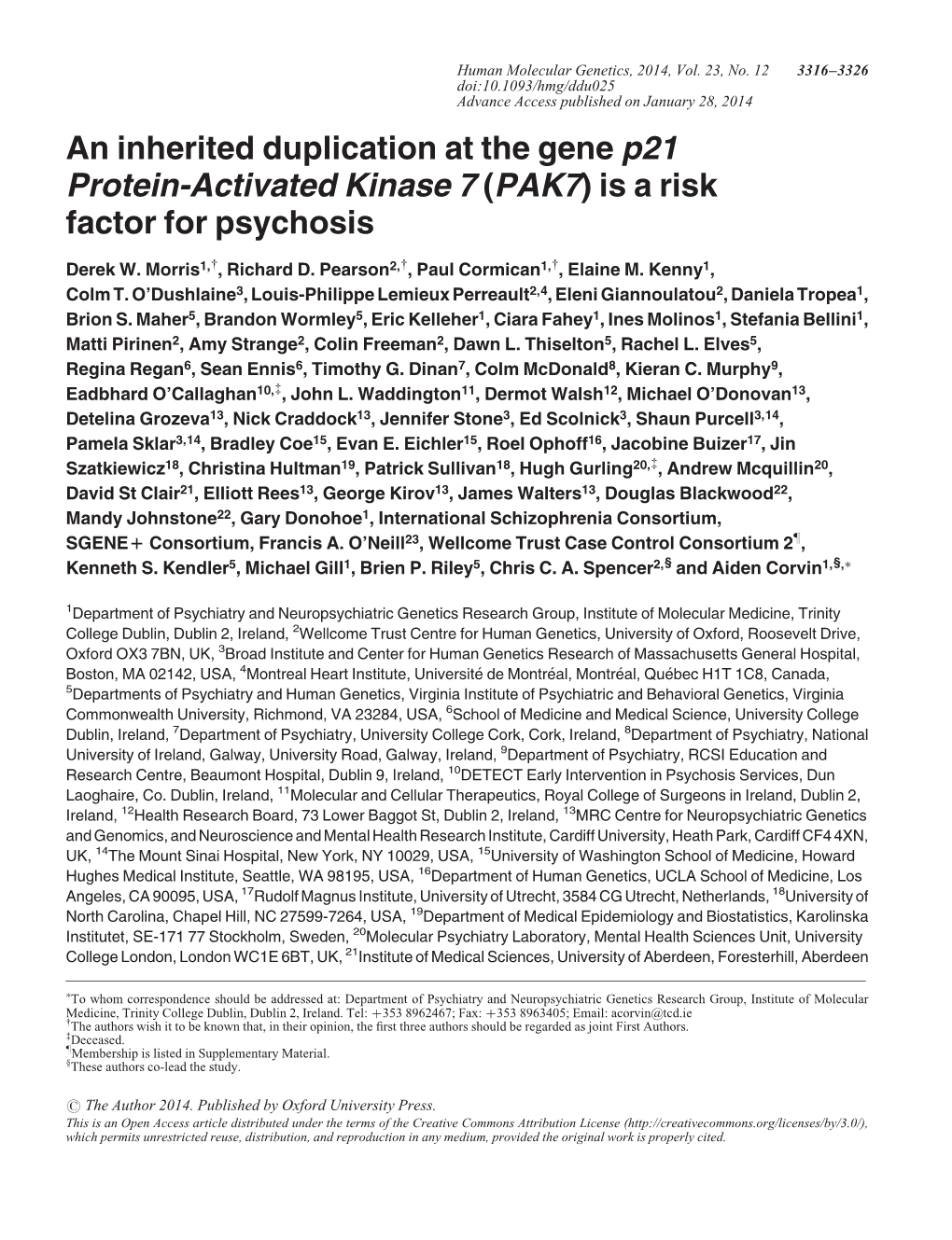 An Inherited Duplication at the Gene P21 Protein-Activated Kinase 7 (PAK7) Is a Risk Factor for Psychosis