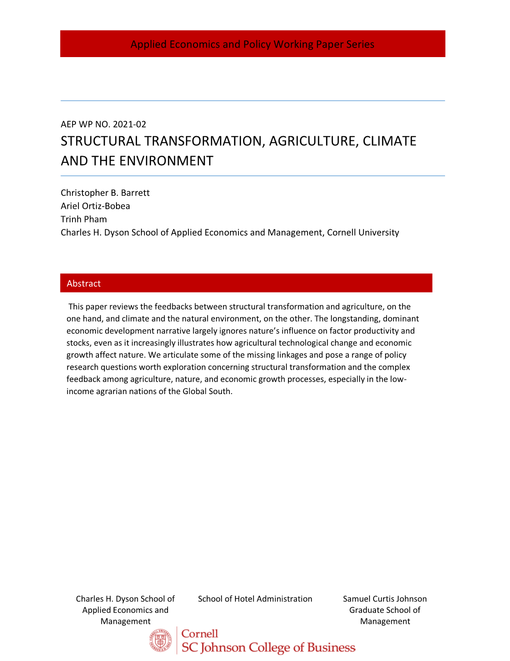 Structural Transformation, Agriculture, Climate and the Environment