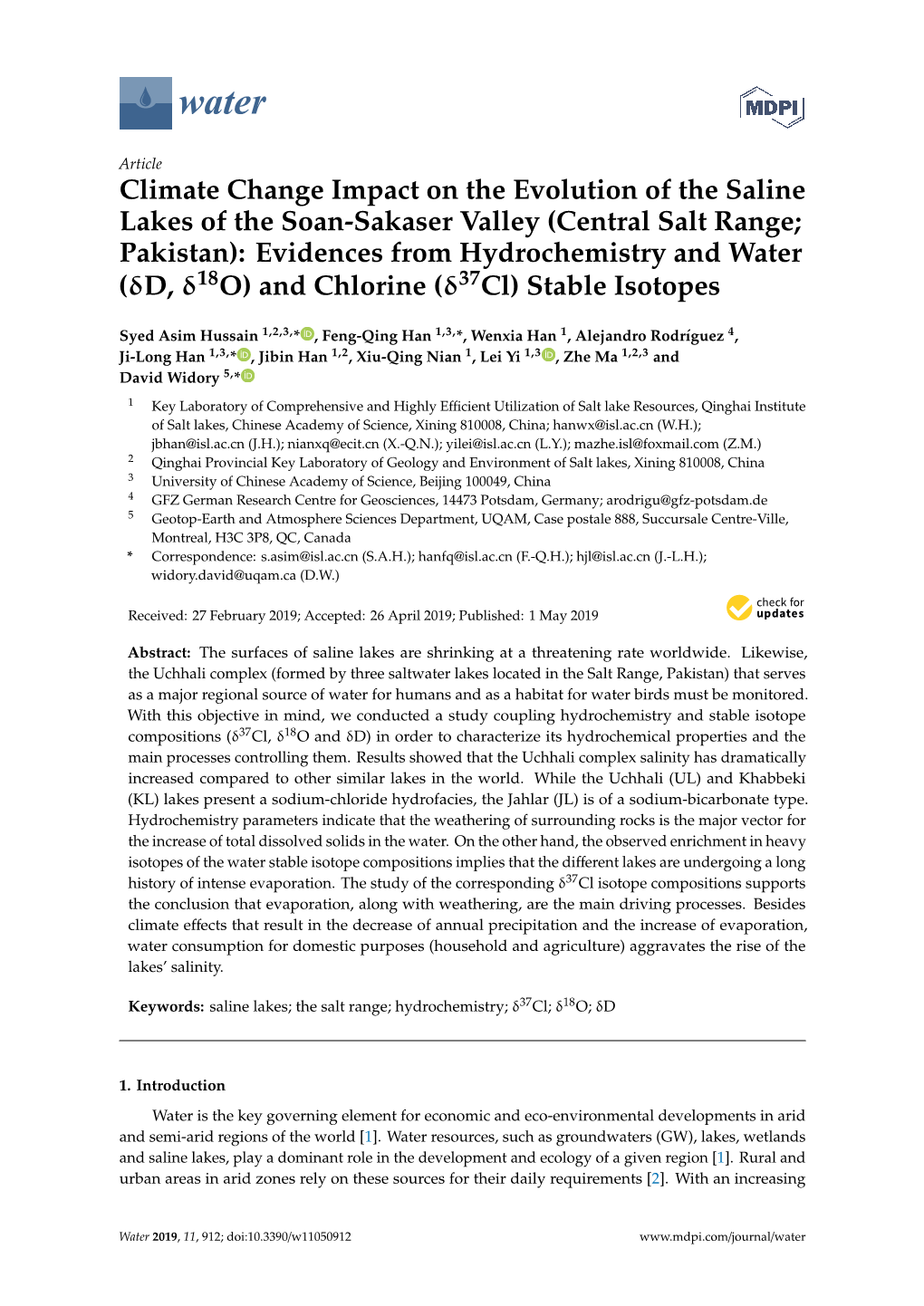 (Central Salt Range; Pakistan): Evidences from Hydrochemistry and Water (Δd, Δ18o) and Chlorine (Δ37cl) Stable Isotopes