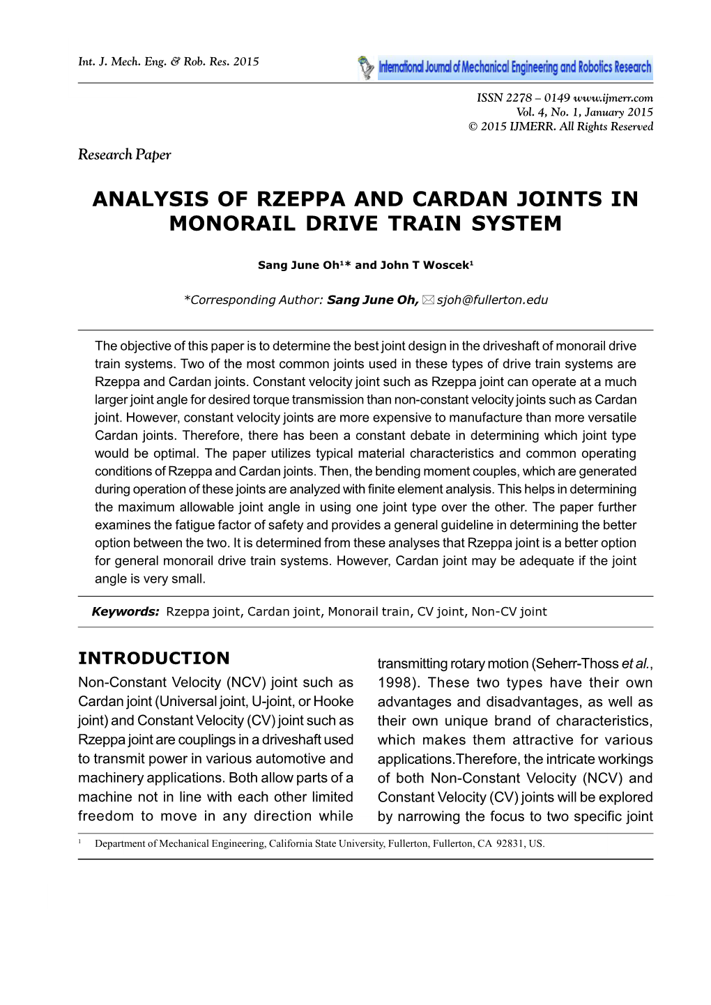 Analysis of Rzeppa and Cardan Joints in Monorail Drive Train System