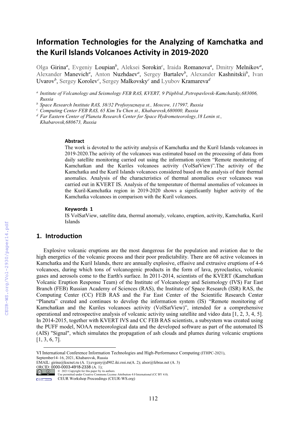 Information Technologies for the Analyzing of Kamchatka and the Kuril Islands Volcanoes Activity in 2019-2020