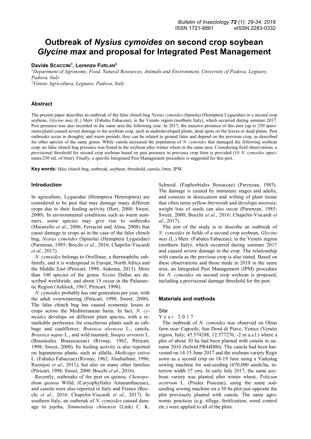 Outbreak of Nysius Cymoides on Second Crop Soybean Glycine Max and Proposal for Integrated Pest Management