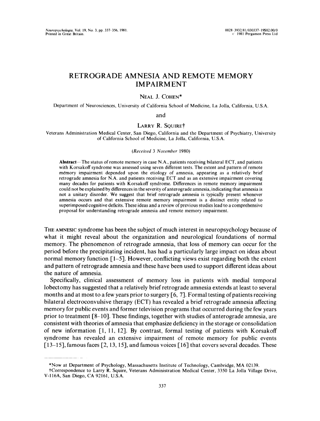 Retrograde Amnesia and Remote Memory Impairment