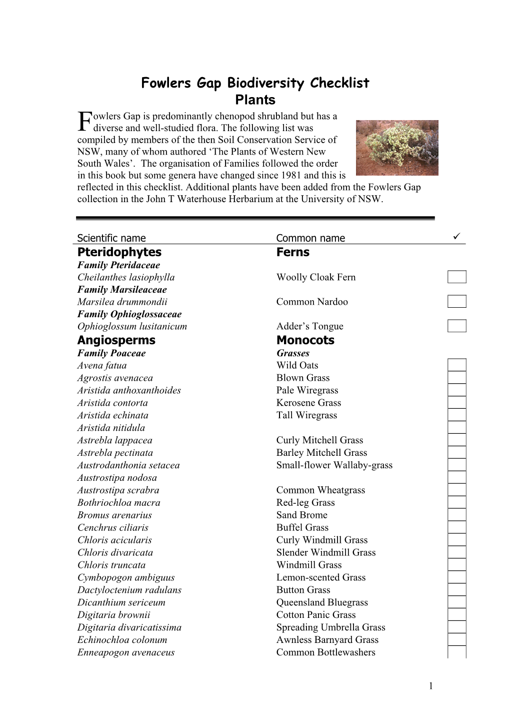 Fowlers Gap Biodiversity Checklist Plants Owlers Gap Is Predominantly Chenopod Shrubland but Has a F Diverse and Well-Studied Flora