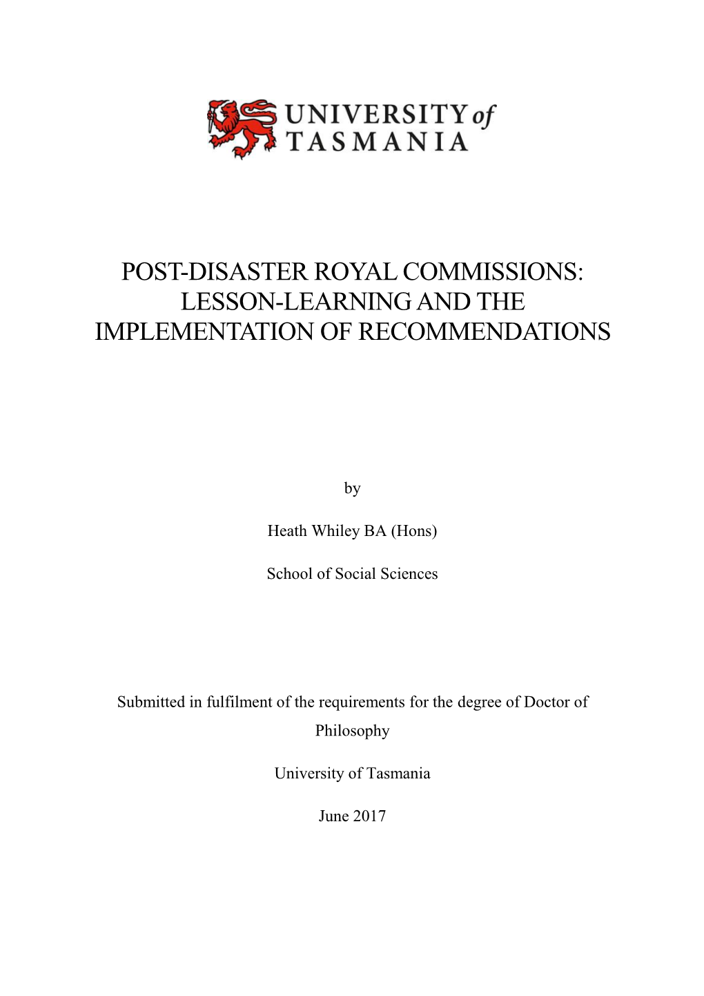 Post-Disaster Royal Commissions: Lesson-Learning and the Implementation of Recommendations