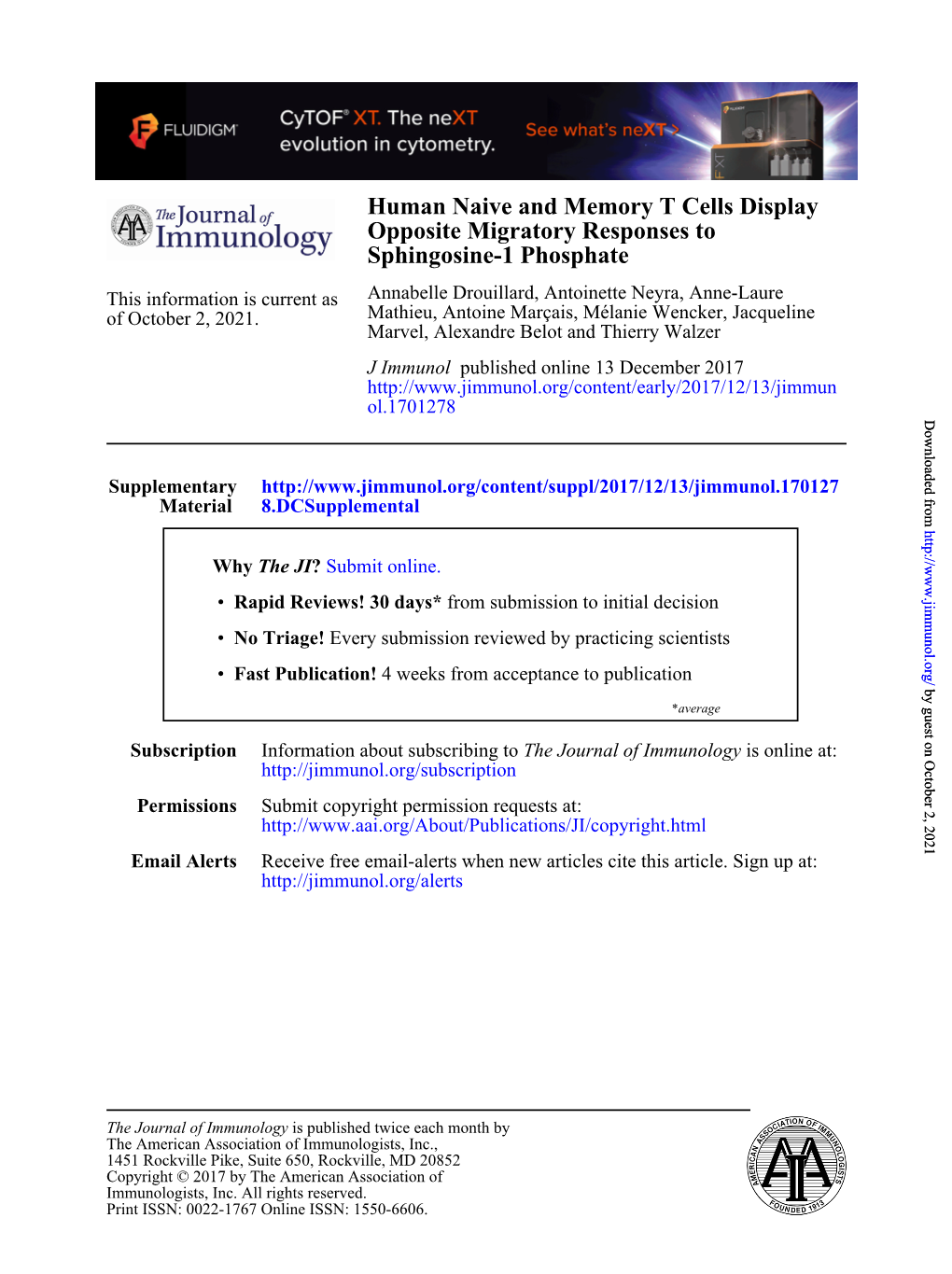 Human Naive and Memory T Cells Display Opposite Migratory Responses to Sphingosine-1 Phosphate