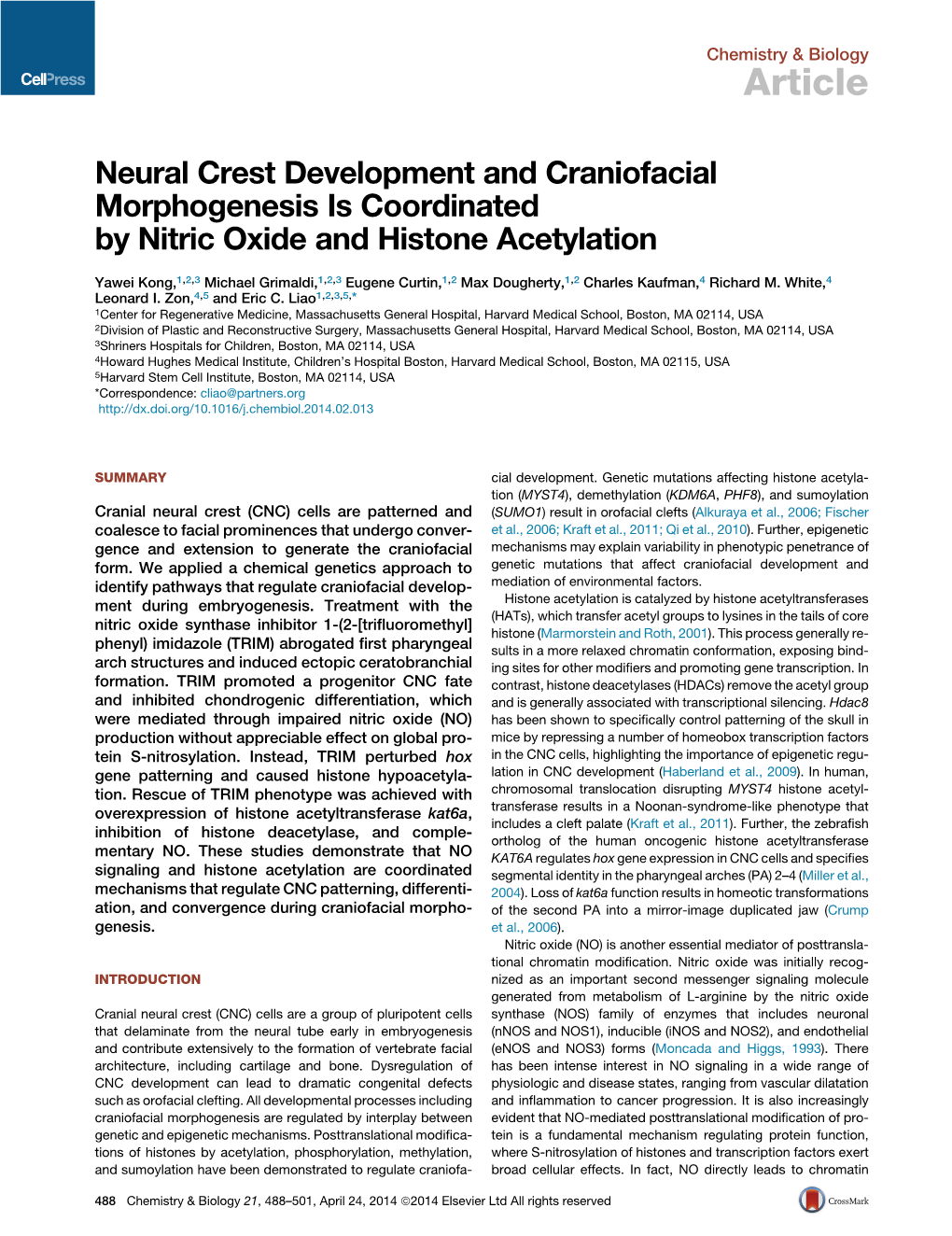Neural Crest Development and Craniofacial Morphogenesis Is Coordinated by Nitric Oxide and Histone Acetylation